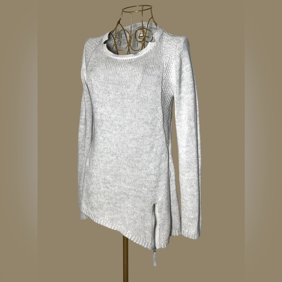 Carbon2Cobalt Tan Gray Cotton Sweater w/ Collar Cutouts & Asymmetrical Hem, S - Picture 1 of 16